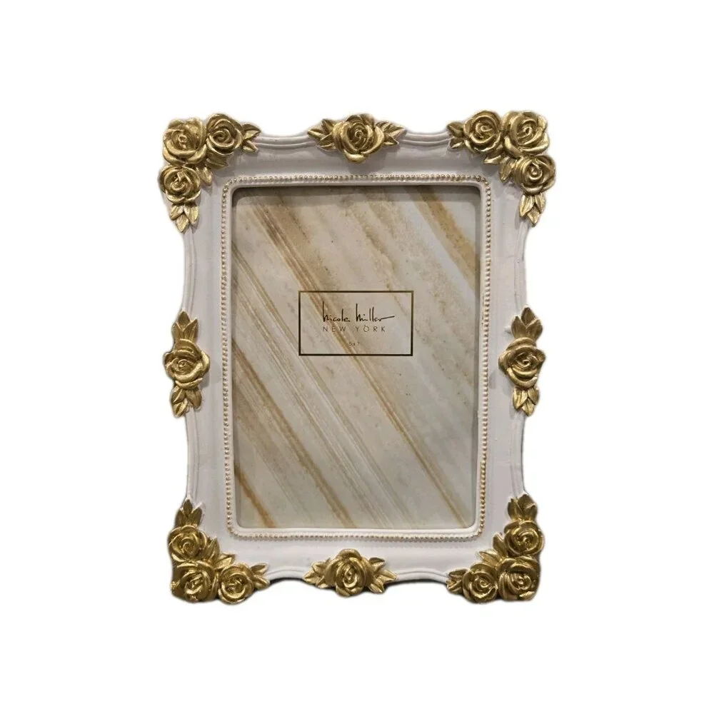 New Nicole Miller White / Gold BOHO Floral Hollywood Regency Picture Frame 5x7